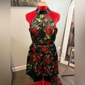 Xtaren Black Cocktail Halter High-Low Dress with Bold Red Rose Print Size Large